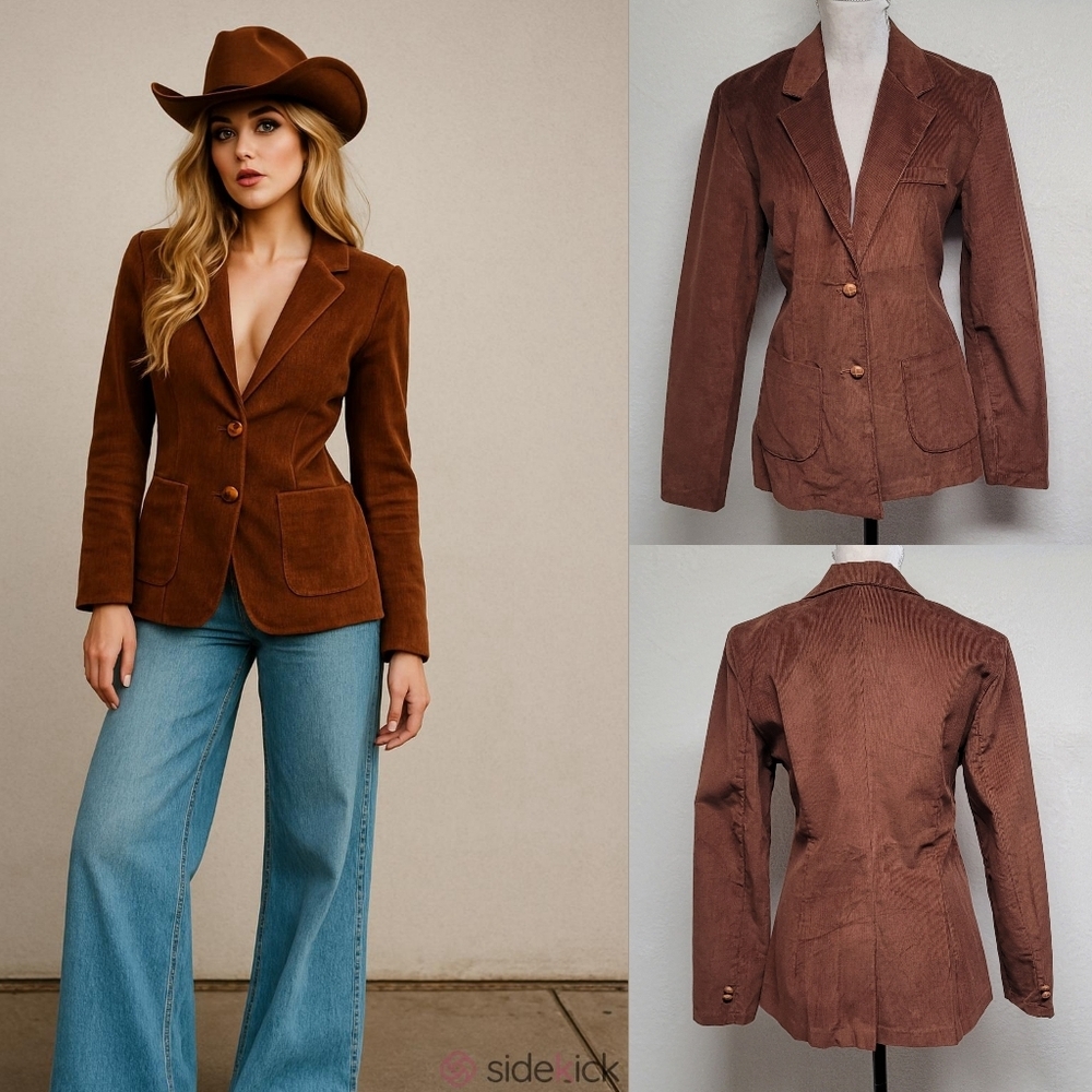 60s Vintage Wrangler Chestnut Brown Corduroy Single Breasted Fitted Blazer 16 M